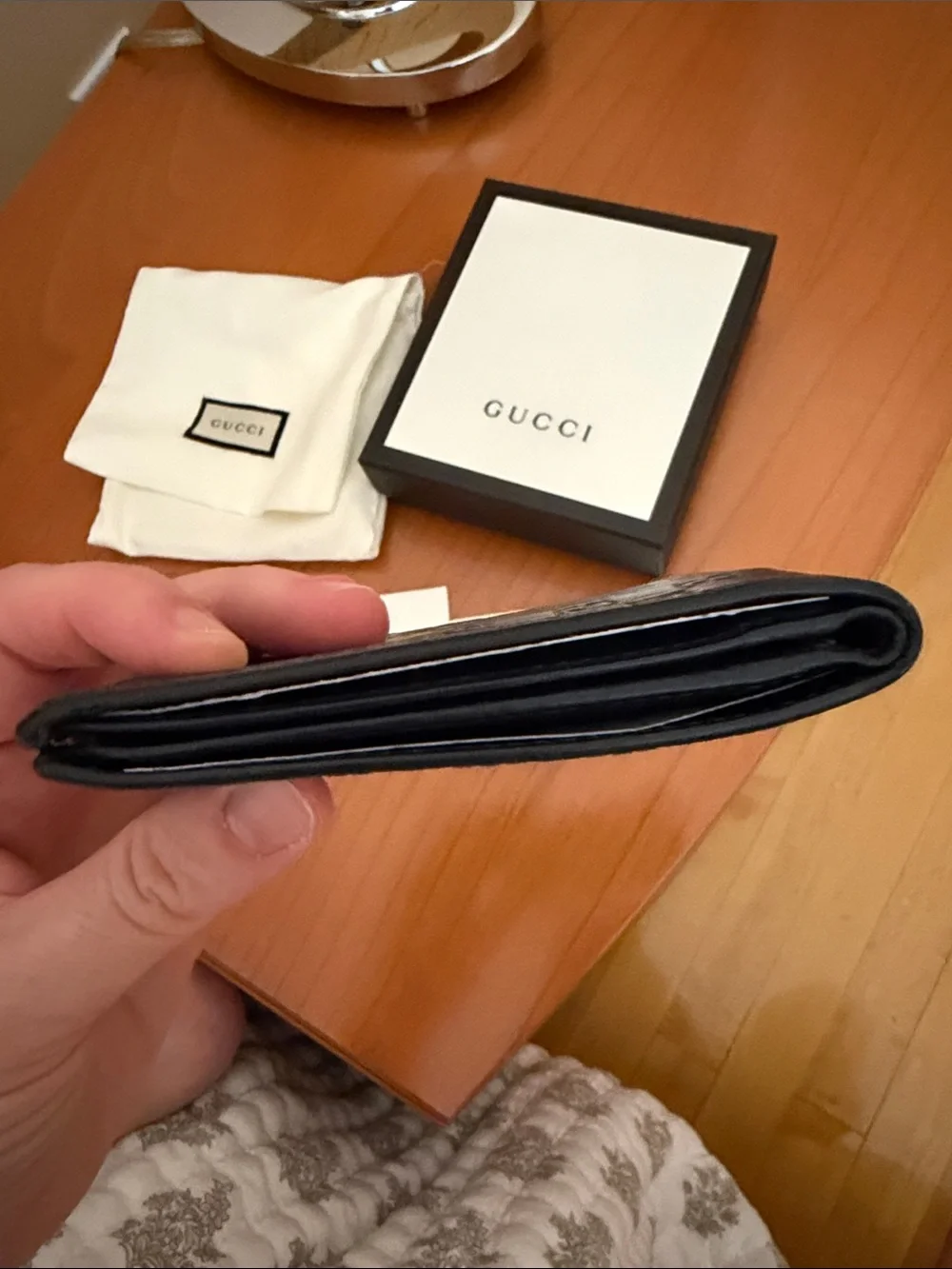 Gucci DARK BLUE Embossed Leather Bi-Fold Wallet with Logo Pattern
